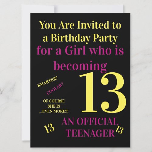 Cool You Are 13 Official Teenager Girl Birthday Invitation