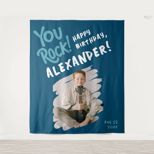 Cool You Rock Happy Bday Blue White Brush Photo  Tapestry (Front)