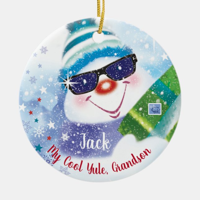 Cool Yule, Grandson, Snowman in Shades, Christmas Ceramic Ornament (Front)