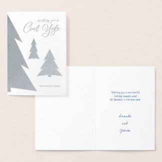 Cool Yule Modern Script Trees Holiday Silver Foil Card