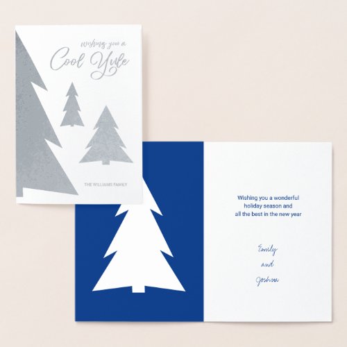 Cool Yule Modern Trees Holiday Blue  Silver Real Foil Card