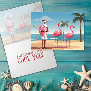 Cool Yule Santa and Flamingos Beach Christmas Holiday Card