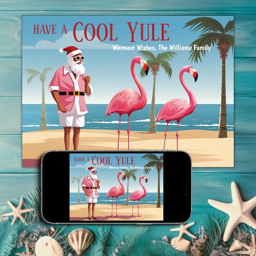 Cool Yule Santa and Flamingos Beach Christmas Holiday Card