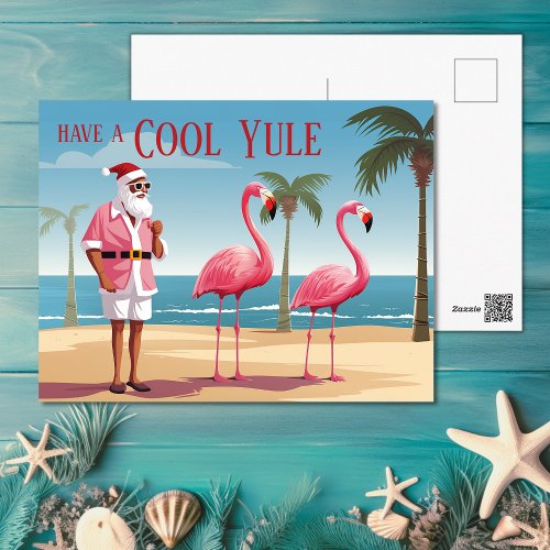 Cool Yule Santa and Flamingos Beach Christmas Holiday Postcard