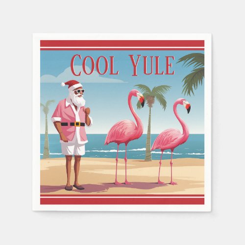 Cool Yule Santa and Flamingos Beach Christmas Napkins