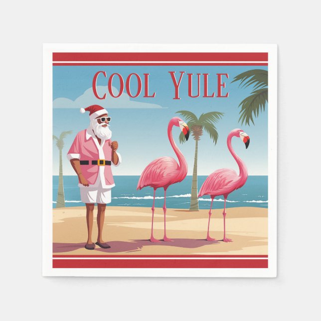 Cool Yule Santa and Flamingos Beach Christmas Napkins (Front)