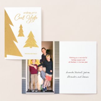 Cool Yule Script Trees Your Photo Holiday Gold Foil Card