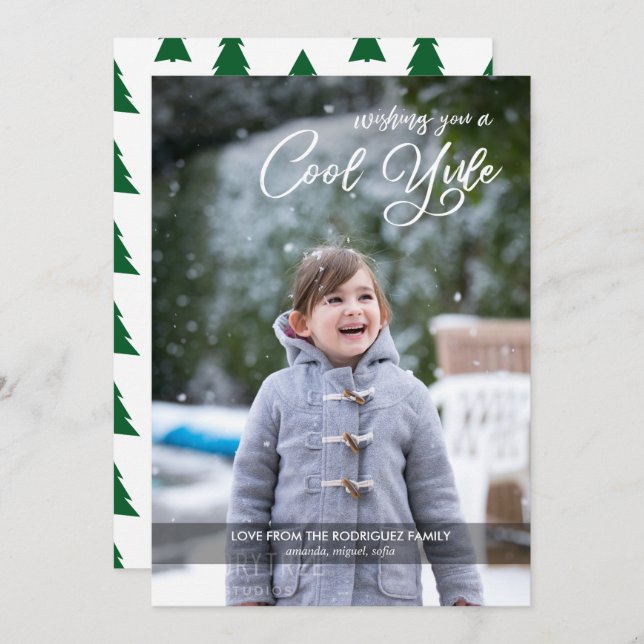 Cool Yule Script Your Photo Green Trees Christmas Holiday Card (Front/Back)