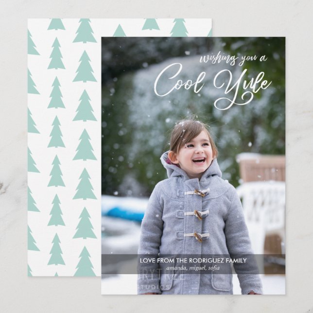 Cool Yule Script Your Photo Mint Green Christmas Holiday Card (Front/Back)