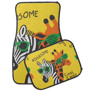 Cool zebra and giraffe wearing glasses on yellow b car floor mat