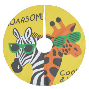 Cool Zebra Giraffe Cartoon Illustration Brushed Polyester Tree Skirt