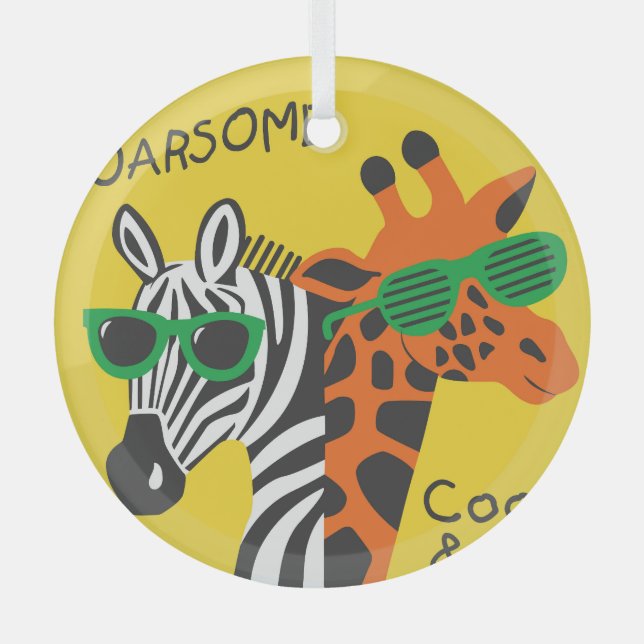 Cool Zebra Giraffe Cartoon Illustration Glass Ornament (Front)