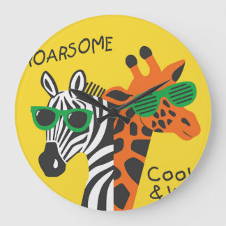 Cool Zebra Giraffe Cartoon Illustration Large Clock