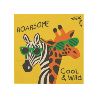 Cool Zebra Giraffe Cartoon Illustration Wood Wall Art