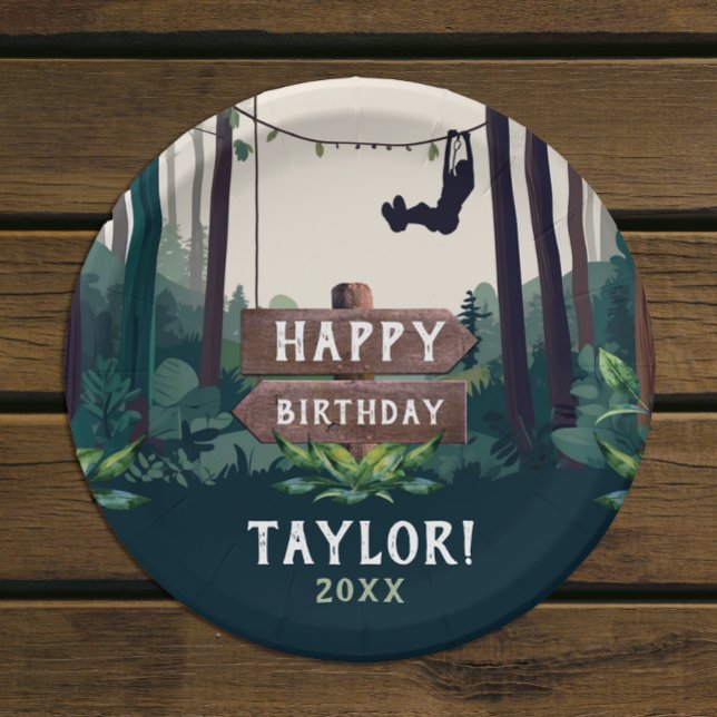 Cool Ziplining Forest Birthday Outdoor Greenery Paper Plates (Creator Uploaded)