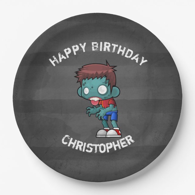 Cool Zombie Guy Seeking Brains Happy Birthday Paper Plates (Front)