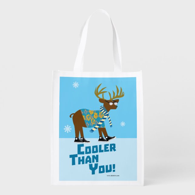 Cooler Than You Funny Reindeer Slogan Reusable Grocery Bag (Back)