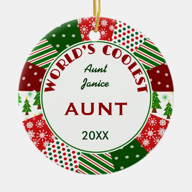 COOLEST AUNT or Any Name Christmas Gift Ceramic Ornament (Front)