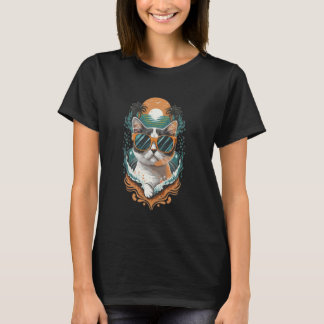 Coolest cat with sunglasses, sunset, palm trees, r T-Shirt