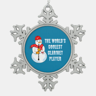 Coolest Clarinet Player Snowman Snowflake Pewter Christmas Ornament
