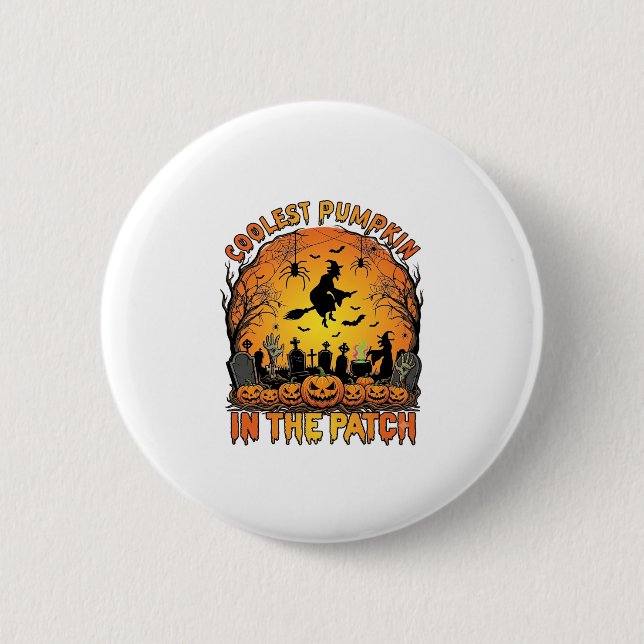 Coolest Pumpkin Patch Halloween Witch Spiders Grav Button (Front)