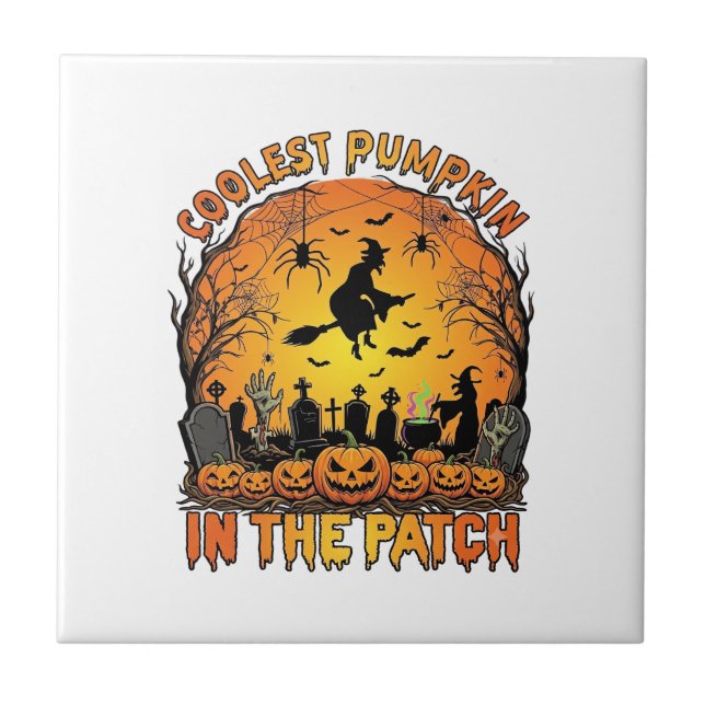 Coolest Pumpkin Patch Halloween Witch Spiders Grav Ceramic Tile (Front)