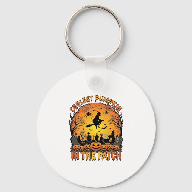 Coolest Pumpkin Patch Halloween Witch Spiders Grav Keychain (Front)