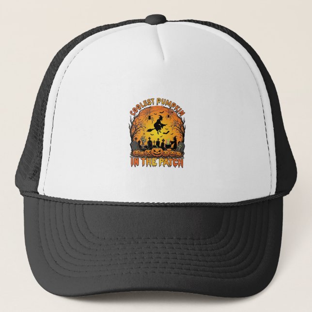 Coolest Pumpkin Patch Halloween Witch Spiders Grav Trucker Hat (Front)