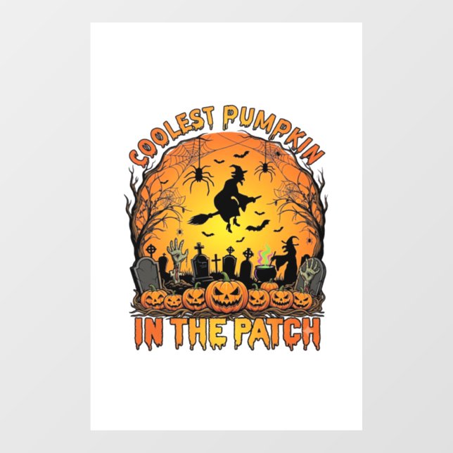 Coolest Pumpkin Patch Halloween Witch Spiders Grav Window Cling (Sheet)