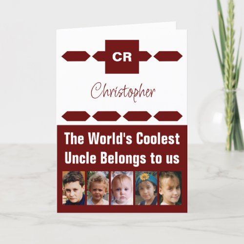 Coolest Uncle 5 photo burgundy white birthday Card