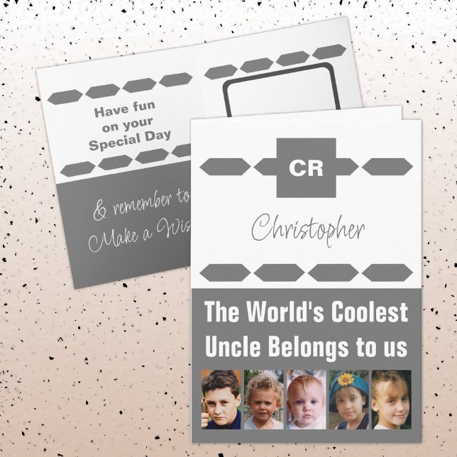Coolest Uncle 5 photo grey white birthday Card (Creator Uploaded)