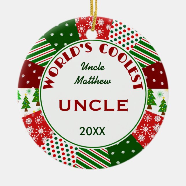 COOLEST UNCLE or Any Name Christmas Gift Ceramic Ornament (Front)