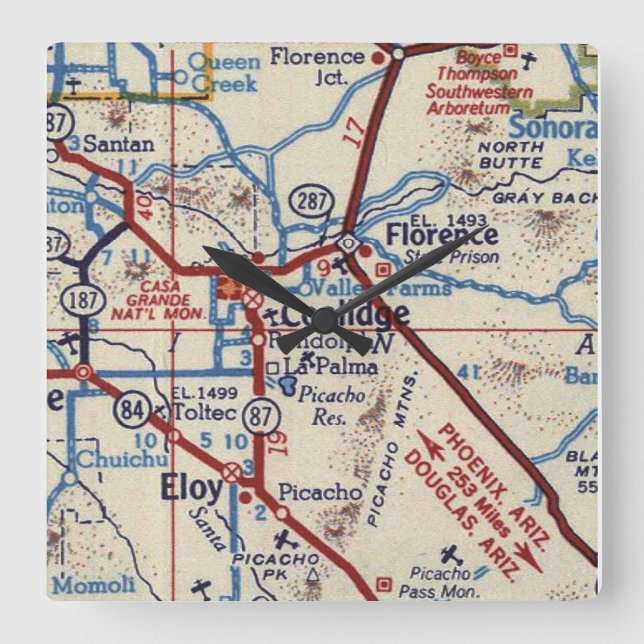 Coolidge Arizona Vintage Map Square Wall Clock (Front)