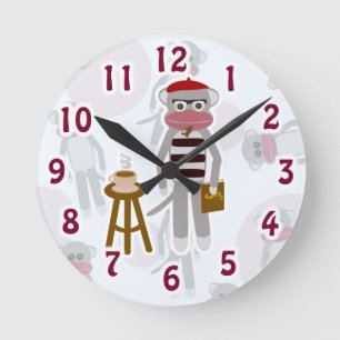 Coolsville Beatnik Sock Monkey Cute Cartoon Art Round Clock