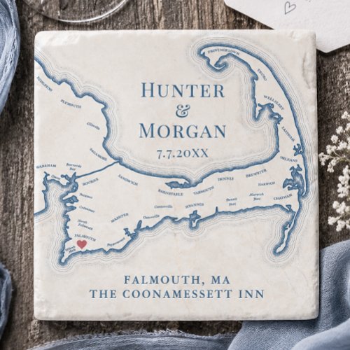 Coonamessett Wedding Favor Cape Cod Map Stone Coaster