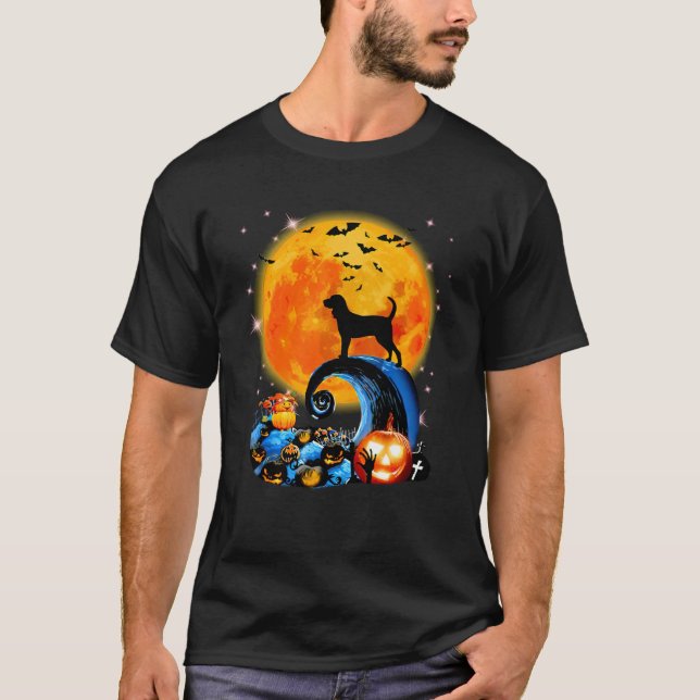 Coonhound And Yellow Moon Halloween Funny Dog Love T-Shirt (Front)