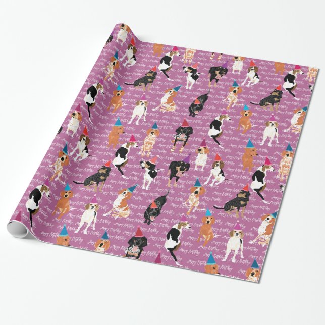 Coonhound Birthday  (Pink) Wrapping Paper (Unrolled)