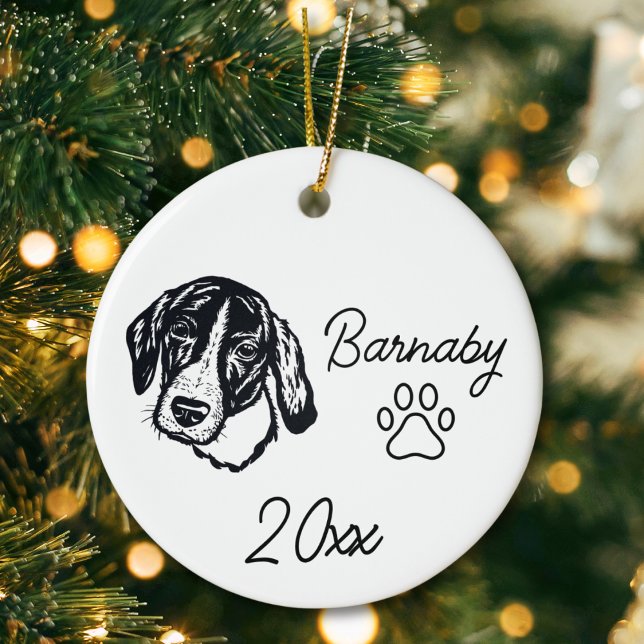 Coonhound Dog Custom Name & Year Line Art Ceramic Ornament (Coonhound Dog Custom Name and Year Ornament with Paw Print. Black and White Line Art Modern)