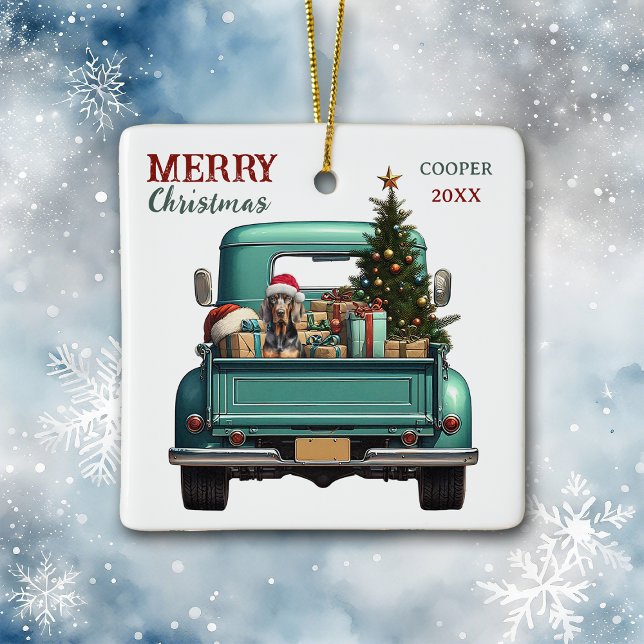 Coonhound Dog Retro Truck Christmas Ceramic Ornament (Creator Uploaded)