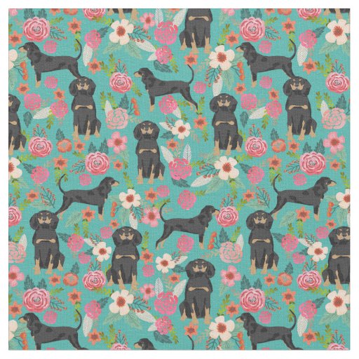 Coonhound dogs vintage florals turquoise fabric