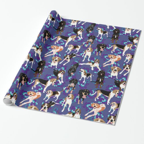 Coonhound Floral Blue Wrapping Paper