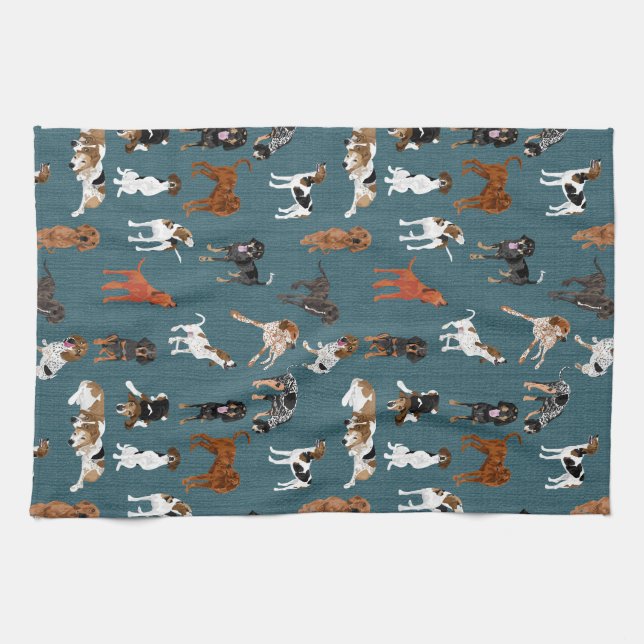 Coonhounds on Dark Teal Kitchen Towel (Horizontal)
