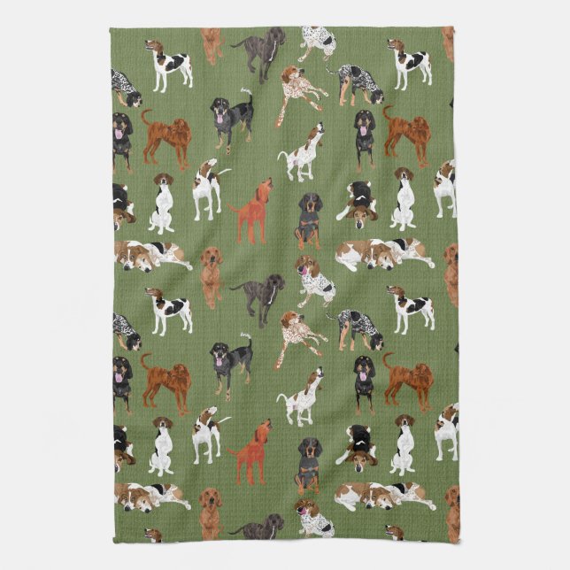 Coonhounds on Olive Kitchen Towel (Vertical)