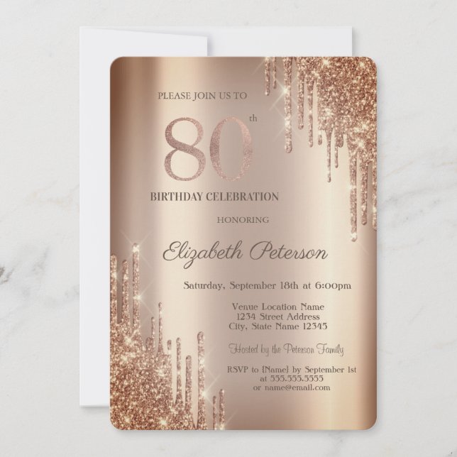 Cooper Glitter Drips 80th Birthday Invitation (Front)