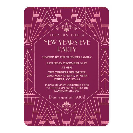 1920s great gatsby flapper new years eve party invite 50 gold and