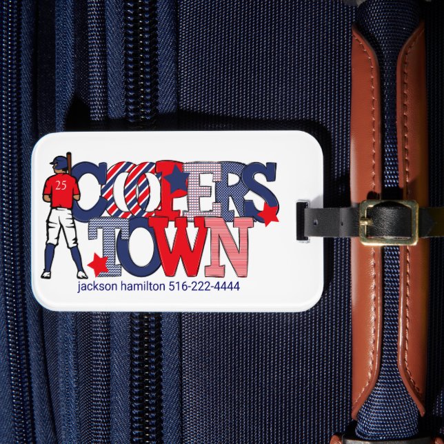 Cooperstown Baseball Player / Patriotic Custom Luggage Tag (Front Insitu 4)