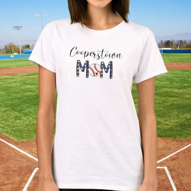 Cooperstown Mom Baseball  Blue Star Letters Heart T-Shirt (Creator Uploaded)