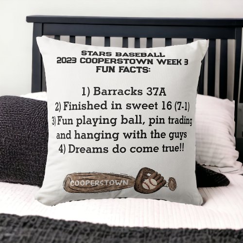 Cooperstown NY Baseball Bat Fun Facts Keepsake Throw Pillow