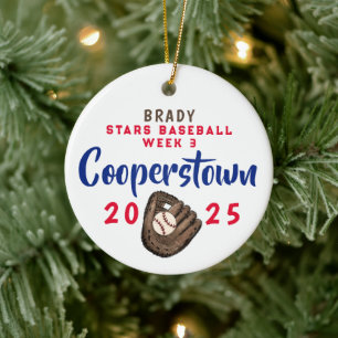 Cooperstown NY Baseball Fun Facts Santa Hat Custom Ceramic Ornament