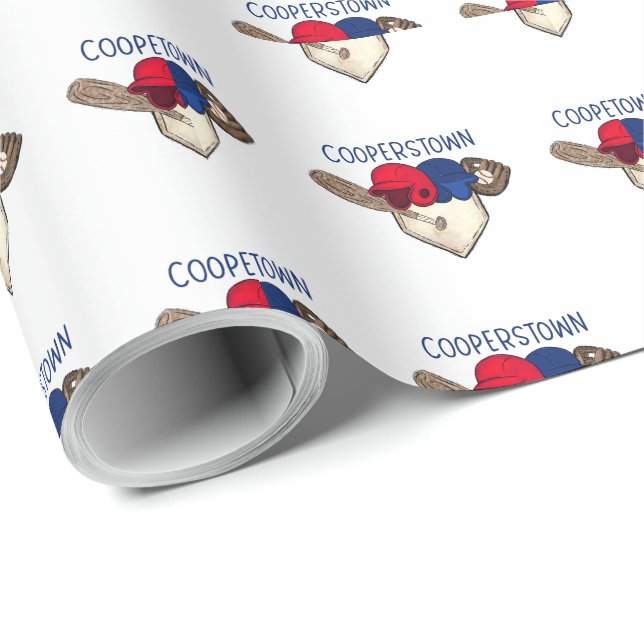 Cooperstown Red Blue Baseball Gear Wrapping Paper (Roll Corner)